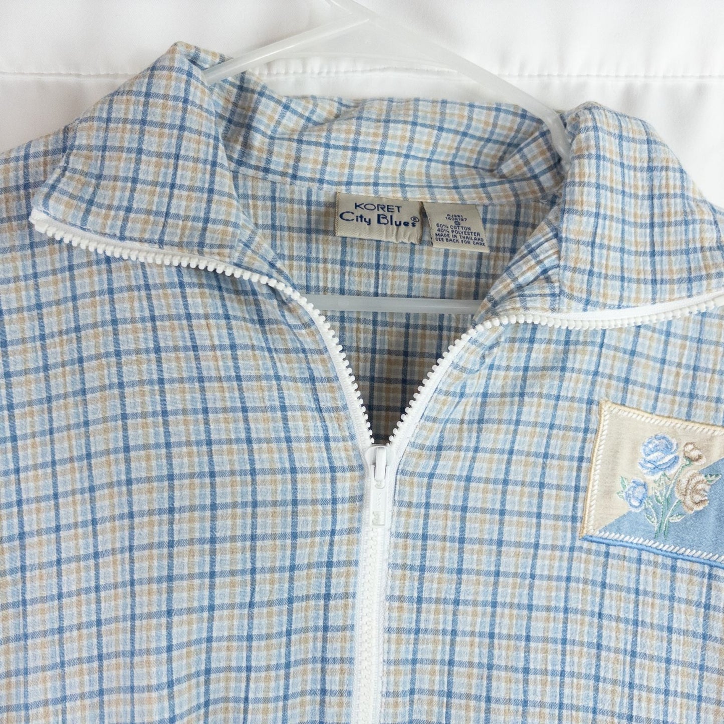 Koret vintage blue and white check striped jacket with floral patch embroidery and white zipper front closure image 2
