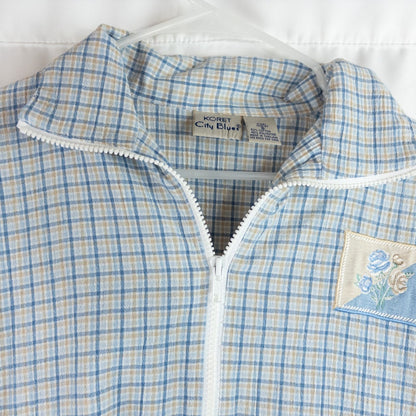 Koret vintage blue and white check striped jacket with floral patch embroidery and white zipper front closure image 2