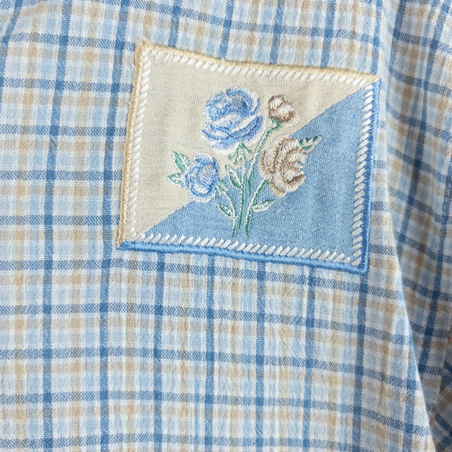 Koret vintage blue and white check striped jacket with floral patch embroidery and white zipper front closure image 3