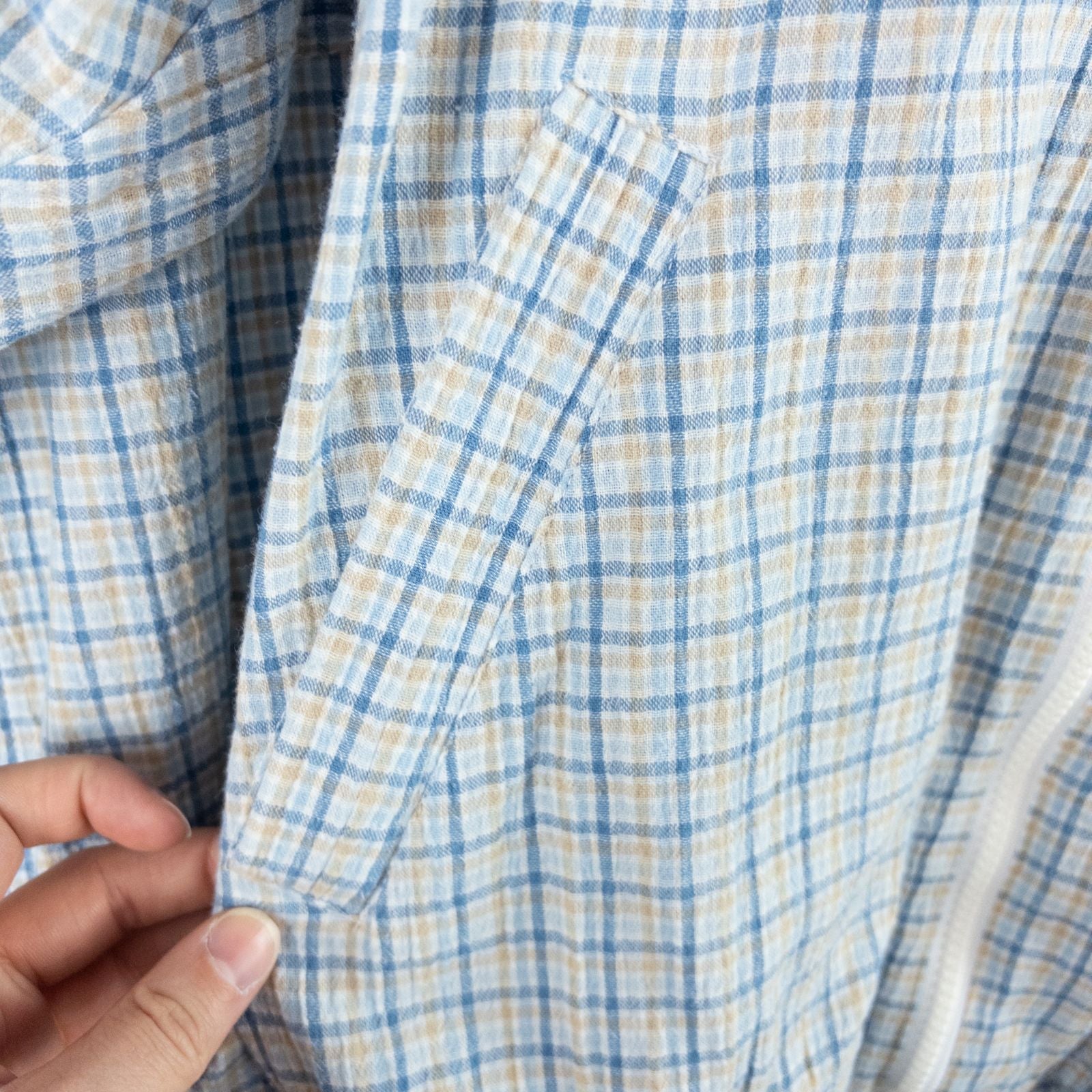 Koret vintage blue and white check striped jacket with floral patch embroidery and white zipper front closure image 6