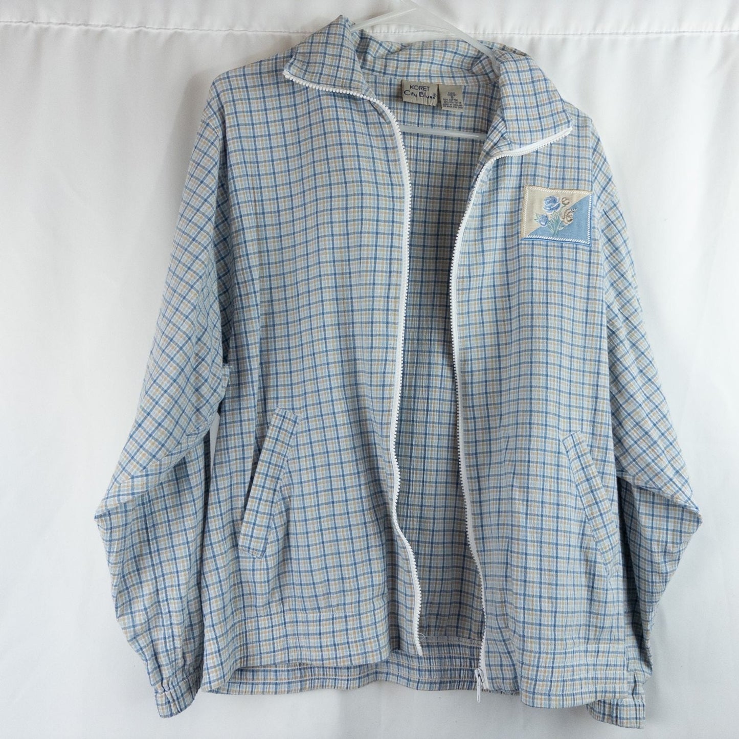 Koret vintage blue and white check striped jacket with floral patch embroidery and white zipper front closure image 4