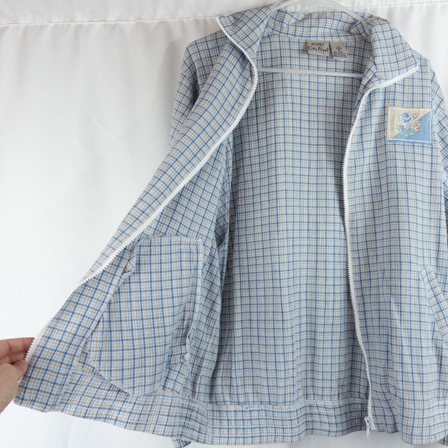 Koret vintage blue and white check striped jacket with floral patch embroidery and white zipper front closure image 8