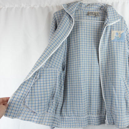 Koret vintage blue and white check striped jacket with floral patch embroidery and white zipper front closure image 8