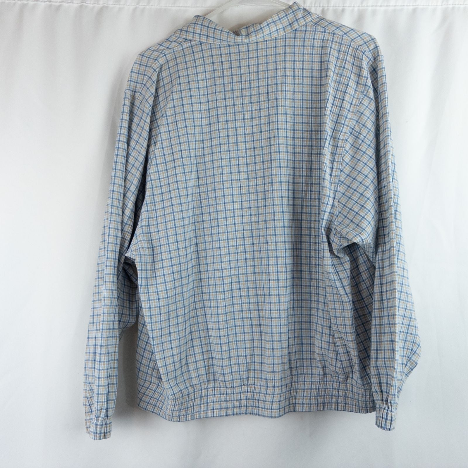 Koret vintage blue and white check striped jacket with floral patch embroidery and white zipper front closure image 9