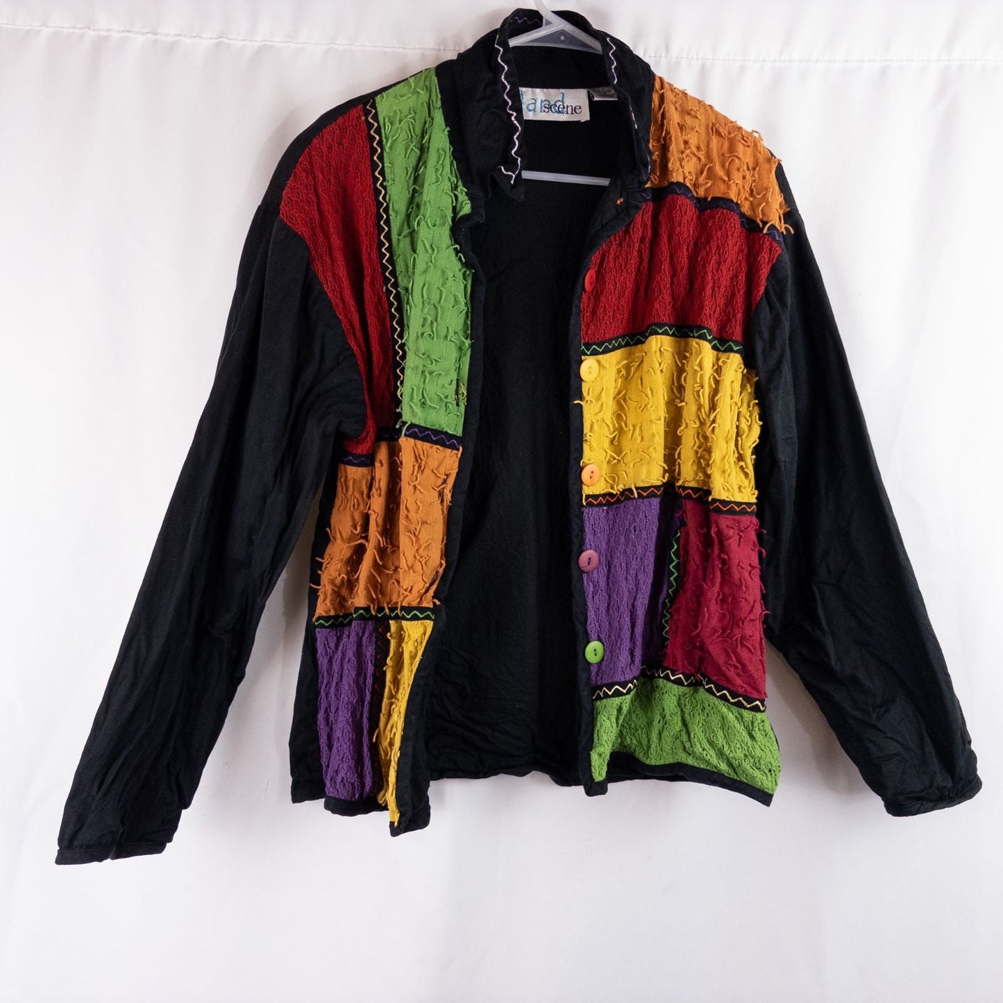 Island Scene vintage 1990s women's large rainbow patchwork jacket with textured knit panels and multicolor buttons image 14
