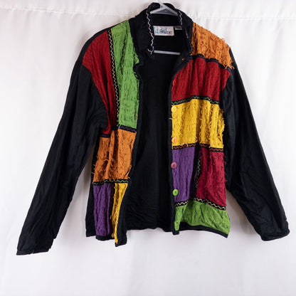 Island Scene vintage 1990s women's large rainbow patchwork jacket with textured knit panels and multicolor buttons image 14