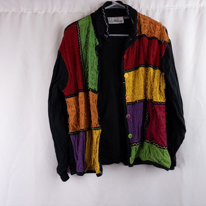 Island Scene vintage 1990s women's large rainbow patchwork jacket with textured knit panels and multicolor buttons image 7