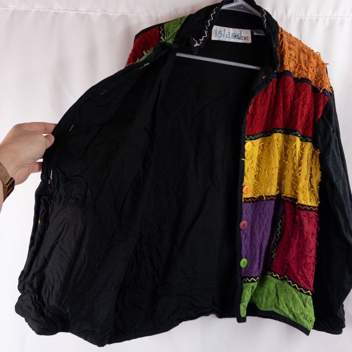 Island Scene vintage 1990s women's large rainbow patchwork jacket with textured knit panels and multicolor buttons image 8