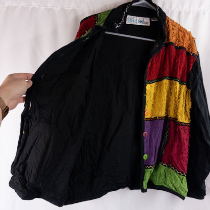 Island Scene vintage 1990s women's large rainbow patchwork jacket with textured knit panels and multicolor buttons image 8