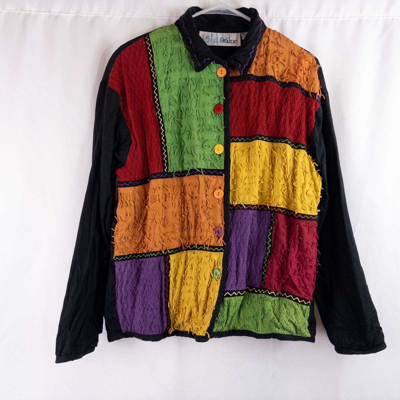 Island Scene vintage 1990s women's large rainbow patchwork jacket with textured knit panels and multicolor buttons
