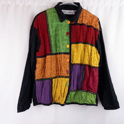 Island Scene vintage 1990s women's large rainbow patchwork jacket with textured knit panels and multicolor buttons