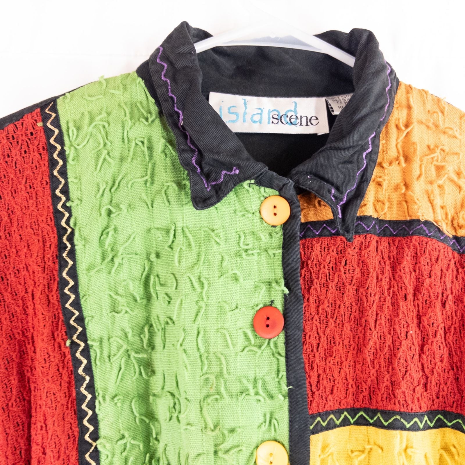 Island Scene vintage 1990s women's large rainbow patchwork jacket with textured knit panels and multicolor buttons image 2