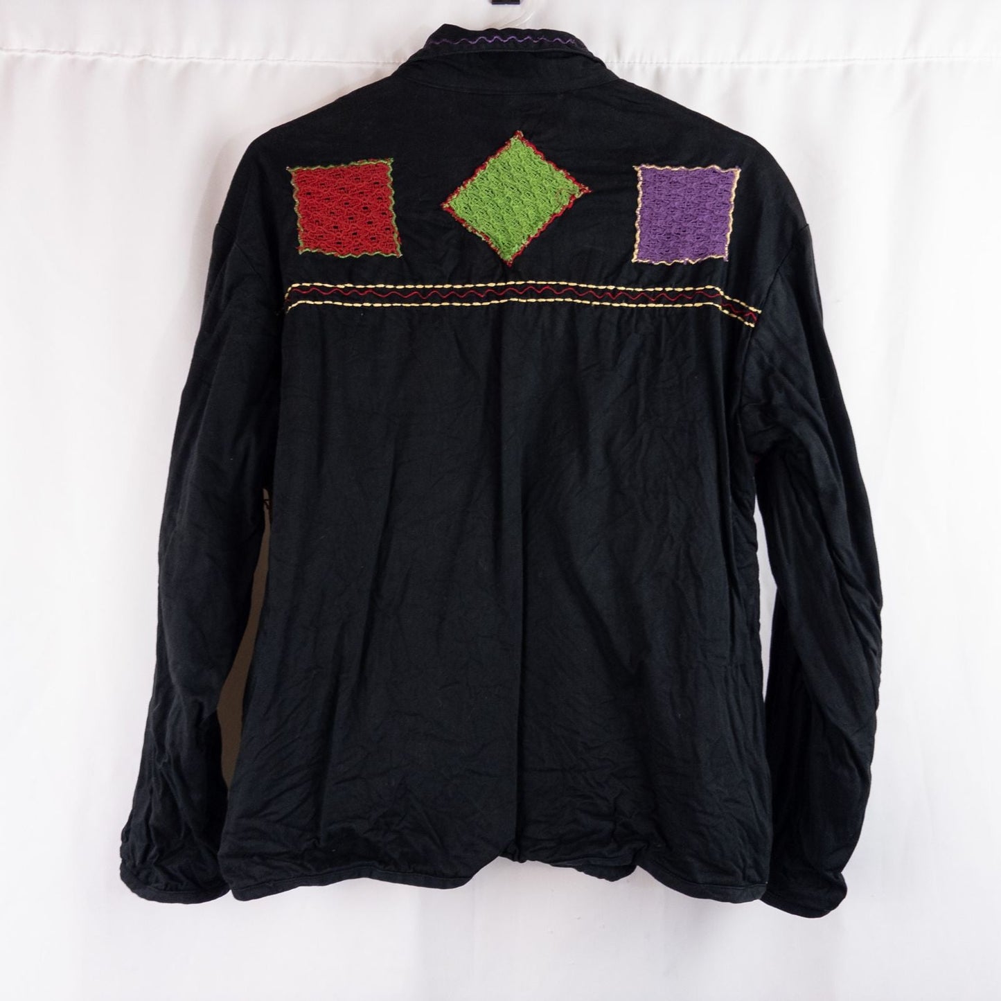 Island Scene vintage 1990s women's large rainbow patchwork jacket with textured knit panels and multicolor buttons image 9