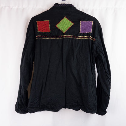 Island Scene vintage 1990s women's large rainbow patchwork jacket with textured knit panels and multicolor buttons image 9