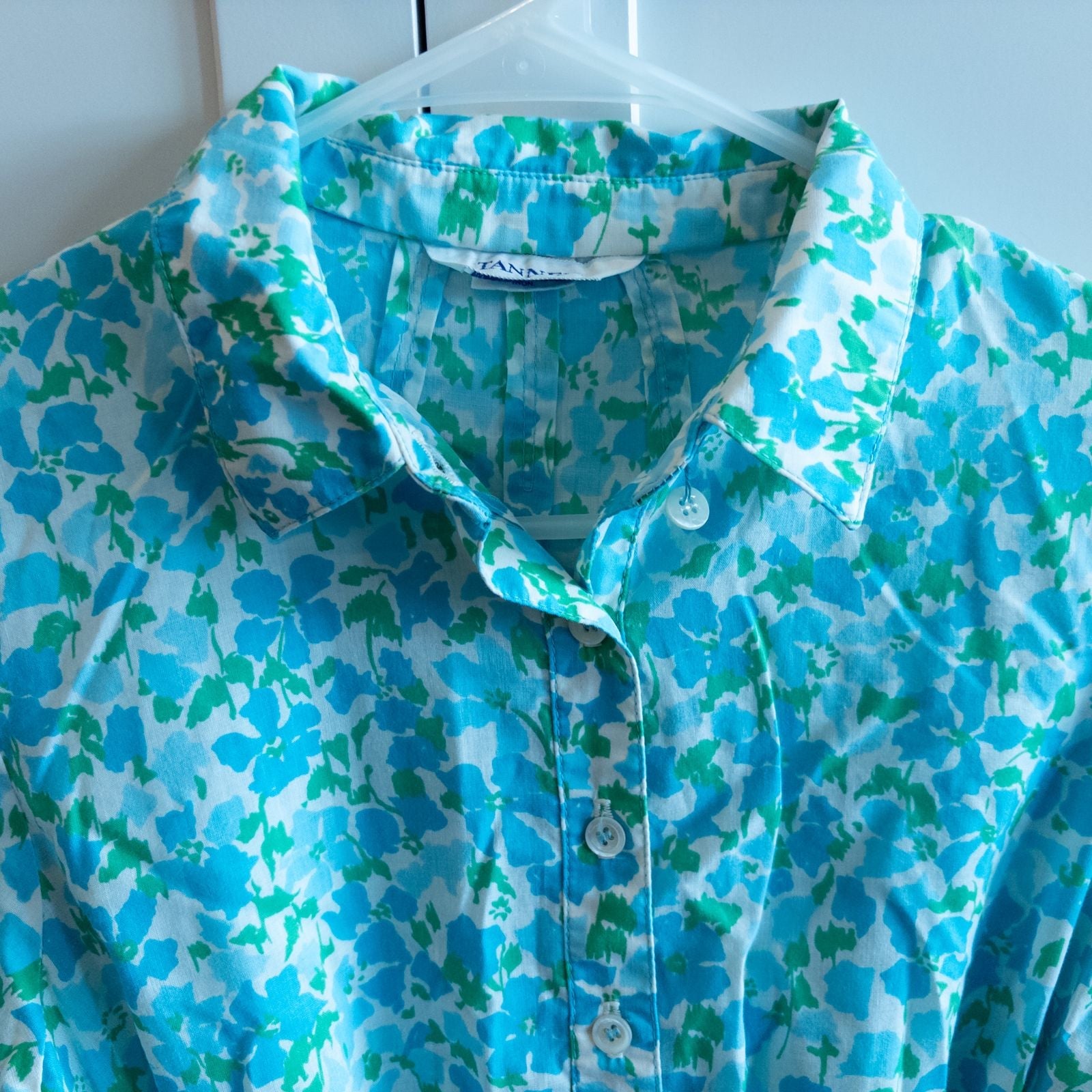 Vintage 1950s Tanner blue green floral long sleeve shirt dress with button front and collared neckline image 3