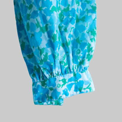 Vintage 1950s Tanner blue green floral long sleeve shirt dress with button front and collared neckline image 5
