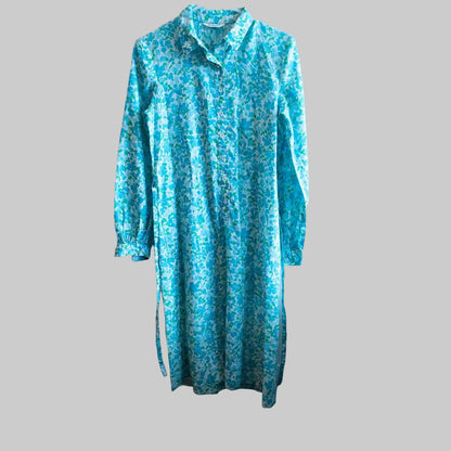 Vintage 1950s Tanner blue green floral long sleeve shirt dress with button front and collared neckline image 2