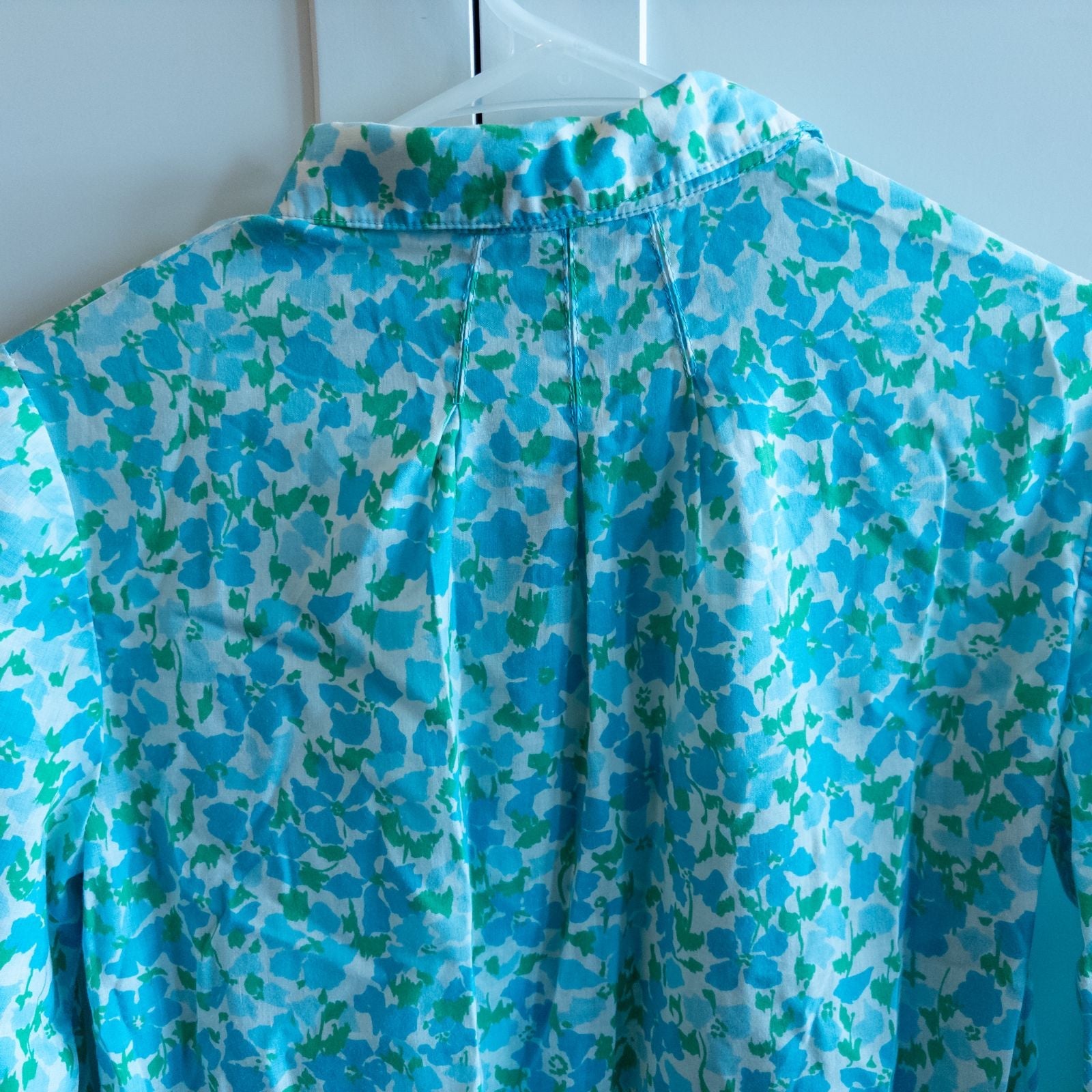 Vintage 1950s Tanner blue green floral long sleeve shirt dress with button front and collared neckline image 8