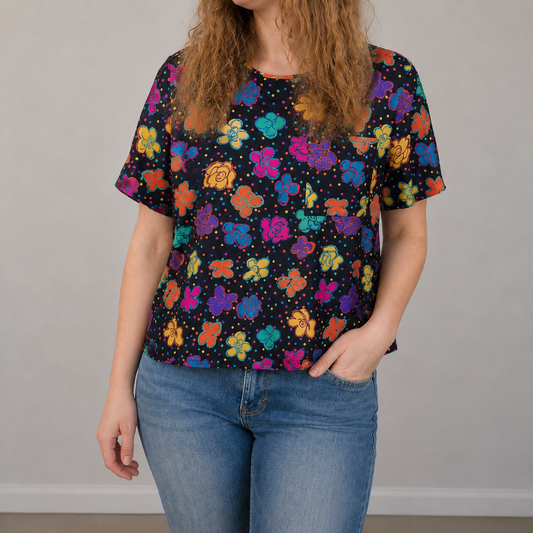 Worthington Vintage Black Multicolor Floral Polka Dot Blouse Womens 8P Medium