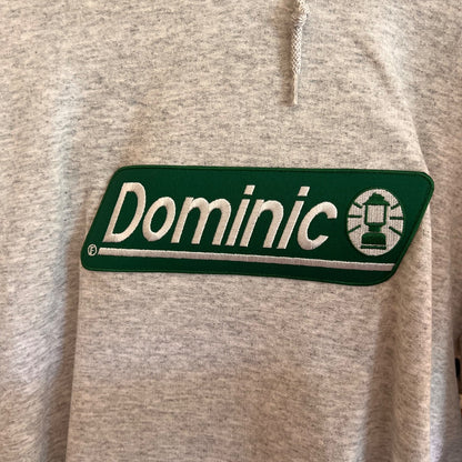 Gray Out of Order Dominic Fike band merchandise hoodie front and back views showing embroidered logo, pullover style with hood and kangaroo pocket image 4