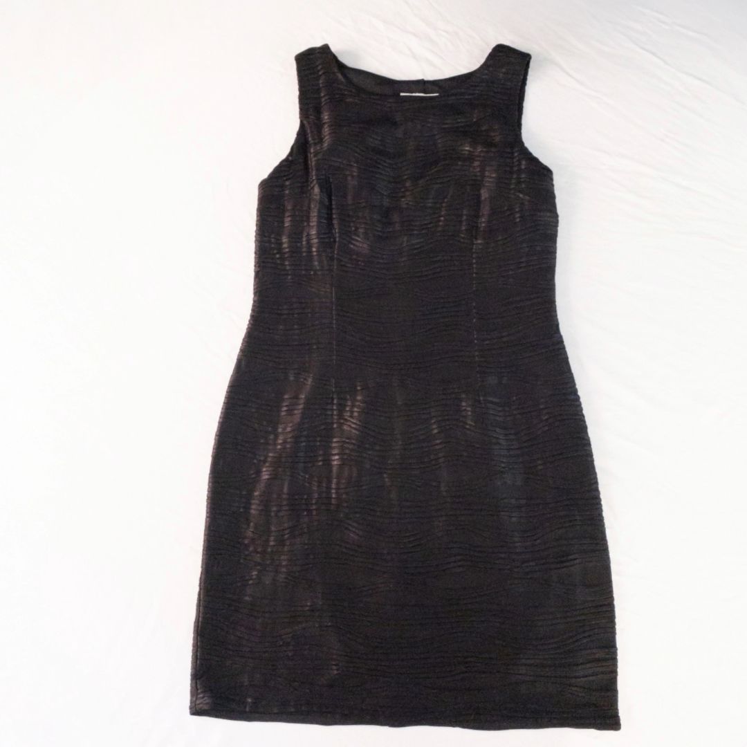 Joseph Ribkoff black pleated sleeveless minidress hanging on hanger with textured fabric image 14