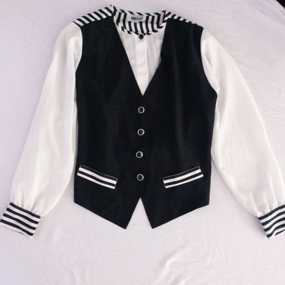 Leslie Fay vintage black and white striped sailor blouse with button front and waist tie image 12
