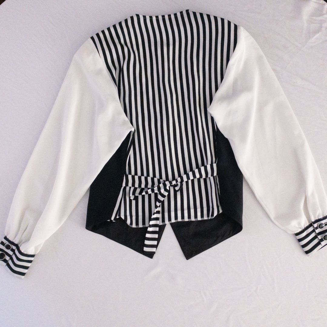 Leslie Fay vintage black and white striped sailor blouse with button front and waist tie image 9