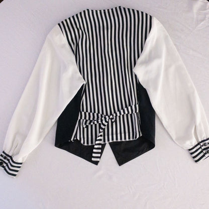 Leslie Fay vintage black and white striped sailor blouse with button front and waist tie image 9