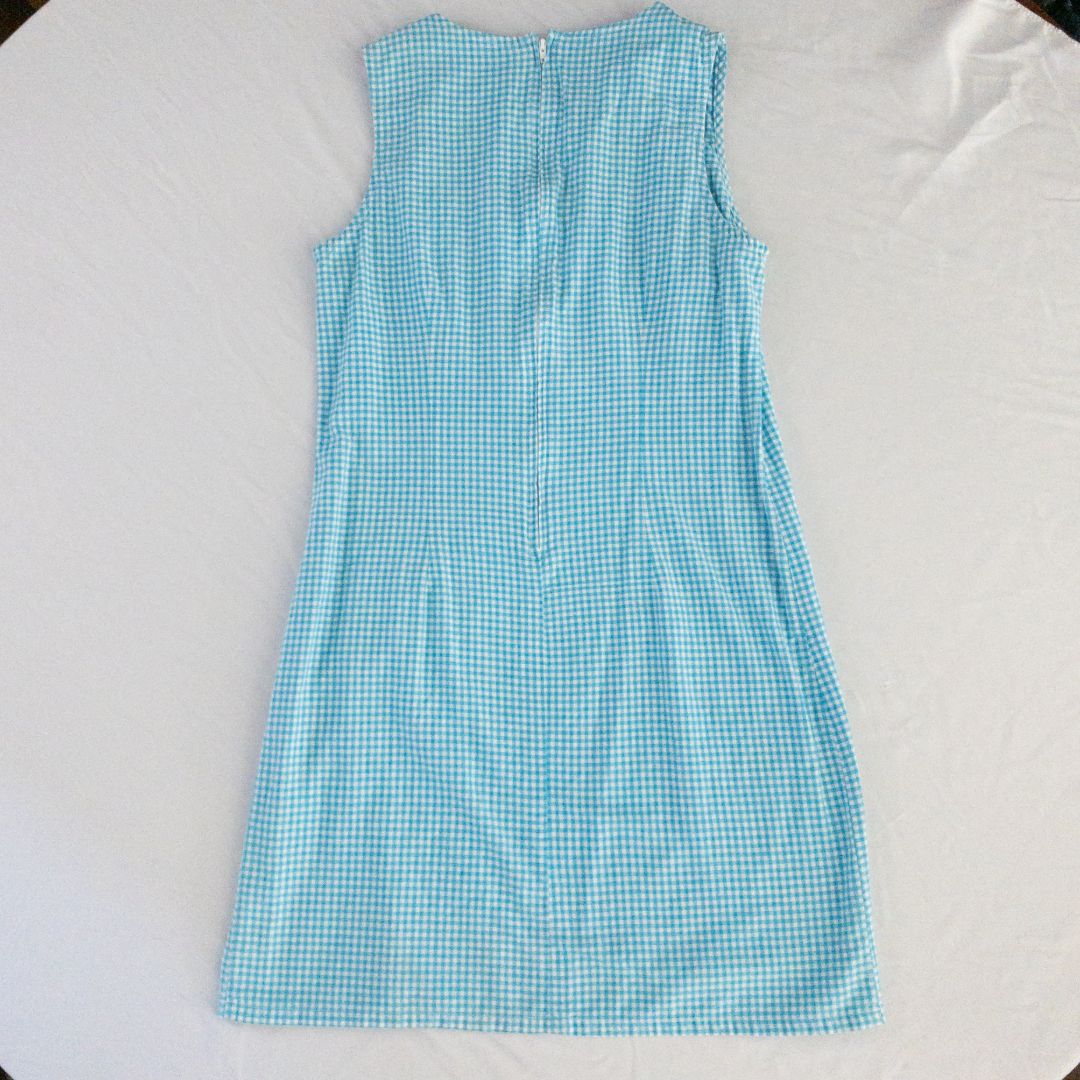 Faded Glory vintage blue and white gingham sleeveless dress with v-neck and back zipper on clear hanger against white background image 6