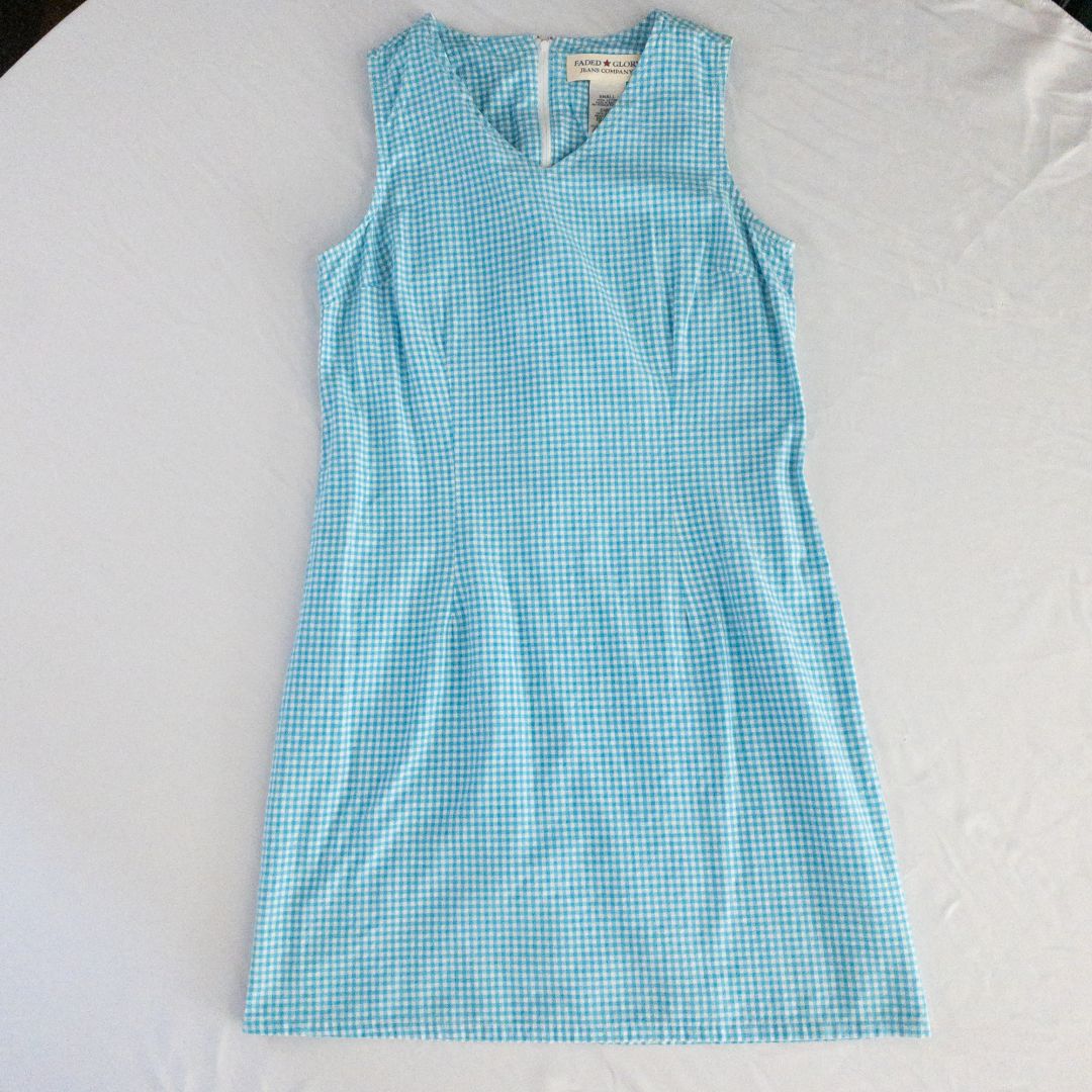 Faded Glory vintage blue and white gingham sleeveless dress with v-neck and back zipper on clear hanger against white background image 12