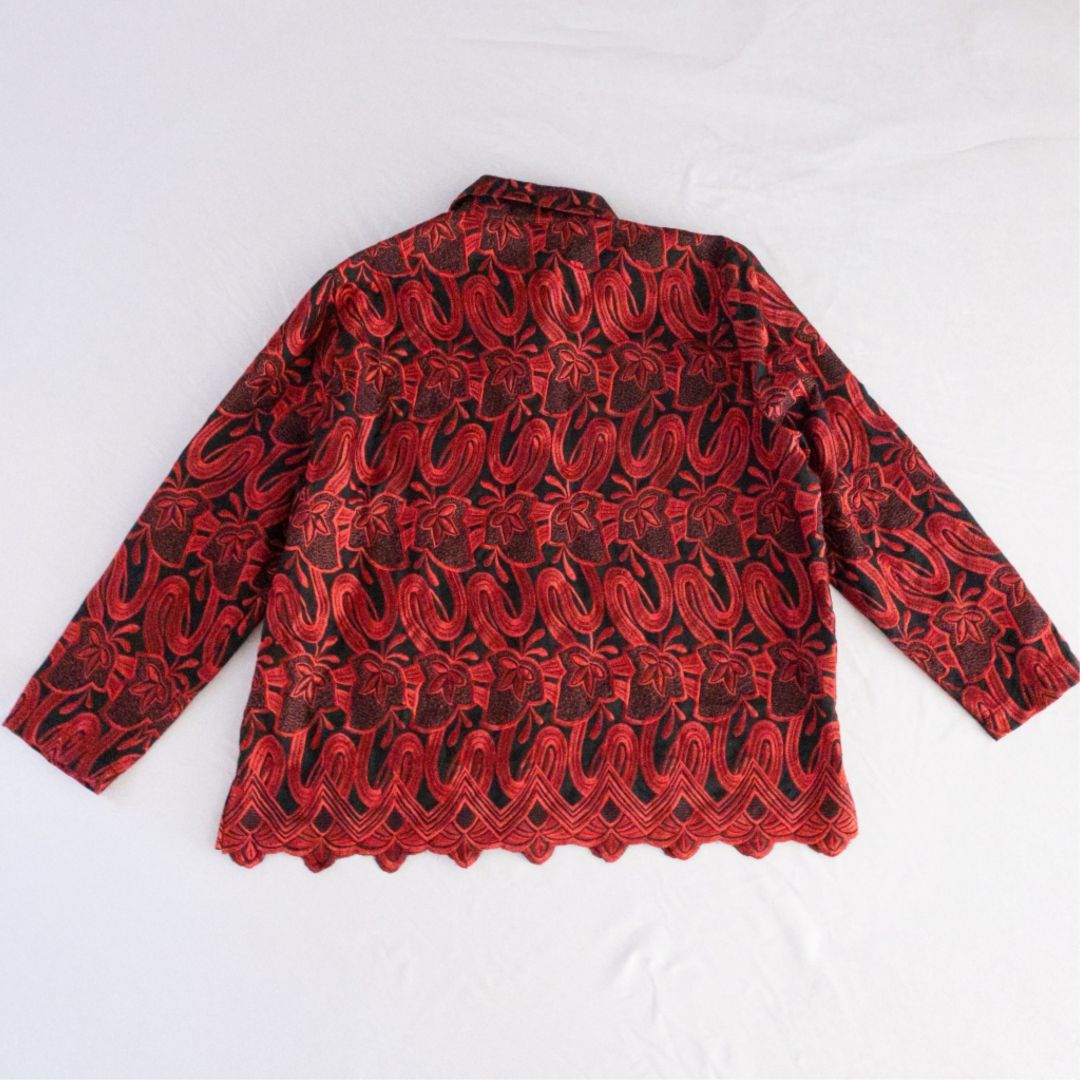 Drapers & Damons black and red embroidered leaf jacket with scalloped hem and button front on hanger image 5