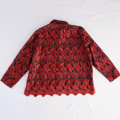Drapers & Damons black and red embroidered leaf jacket with scalloped hem and button front on hanger image 5