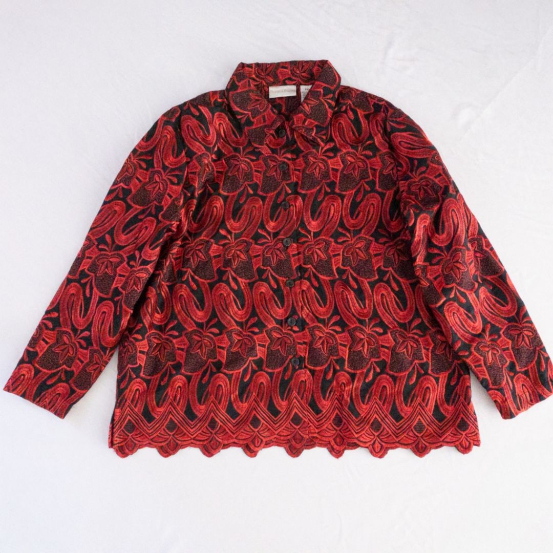 Drapers & Damons black and red embroidered leaf jacket with scalloped hem and button front on hanger image 14
