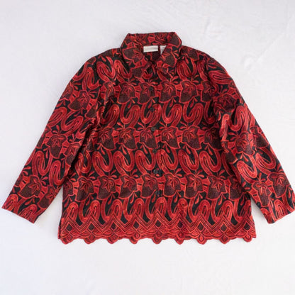 Drapers & Damons black and red embroidered leaf jacket with scalloped hem and button front on hanger image 14