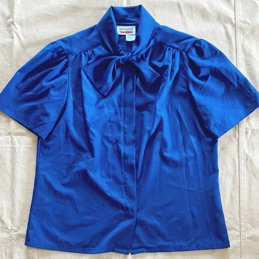 Judy Bond Vintage Blue Button-up Bow Blouse Womens 12 Petite