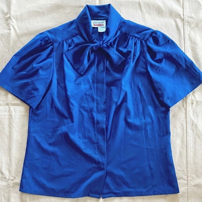 Judy Bond Vintage Blue Button-up Bow Blouse Womens 12 Petite