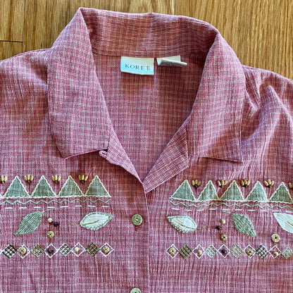 Koret Vintage Red Gingham Beaded Embroidered Button-up Shirt Womens Large