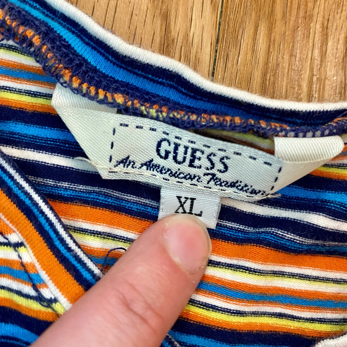 Guess Y2k Blue Orange Striped Cropped Tee Shirt Youth XLarge Womens Small/Medium