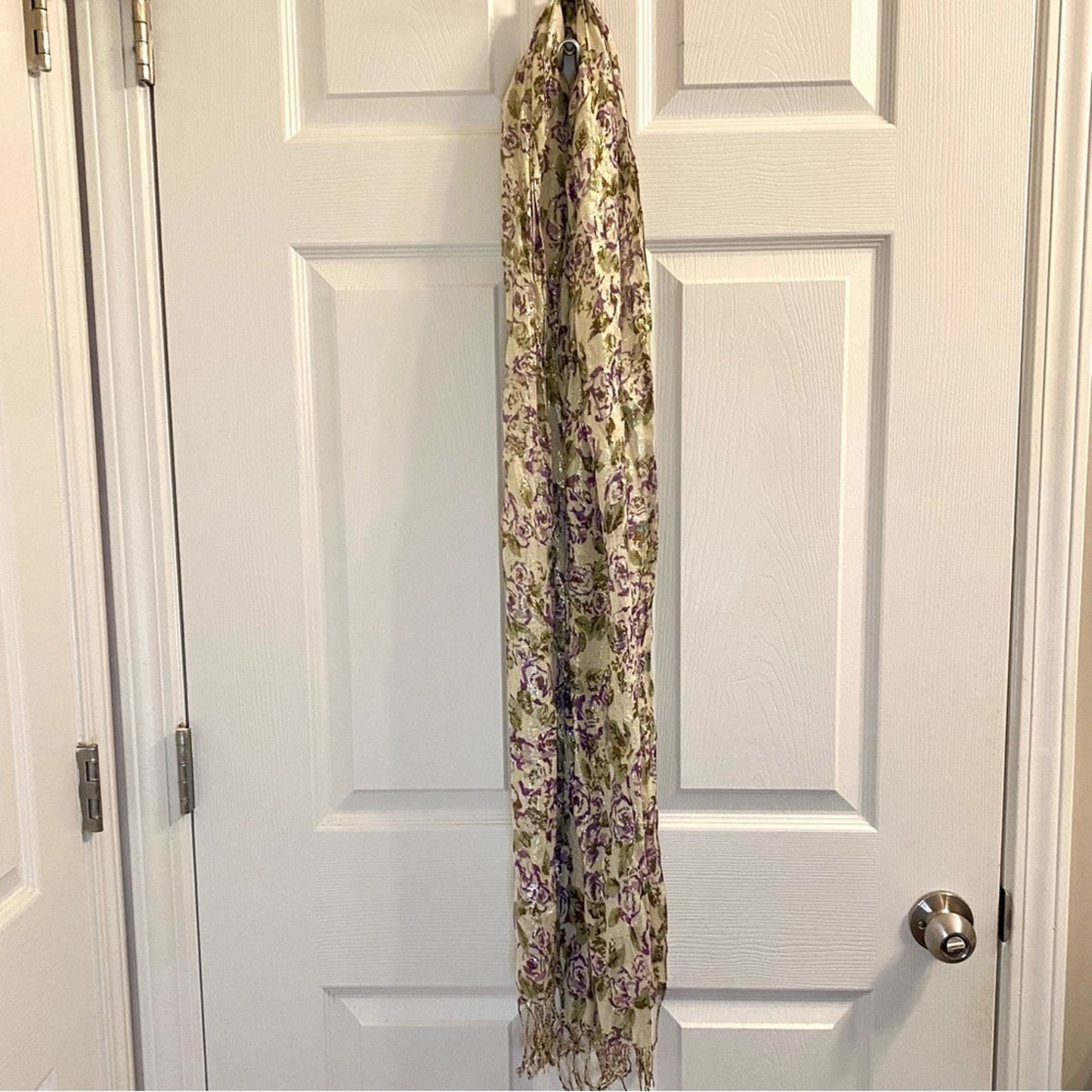 Gold Purple Floral Metallic Tassel Scarf Womens One Size