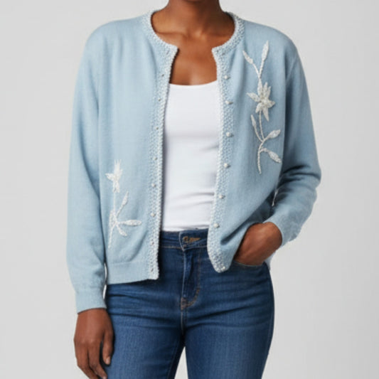 Stewart’s Vintage Pastel Blue Embroidered Rabbit Hair Cardigan Sweater Womens Small