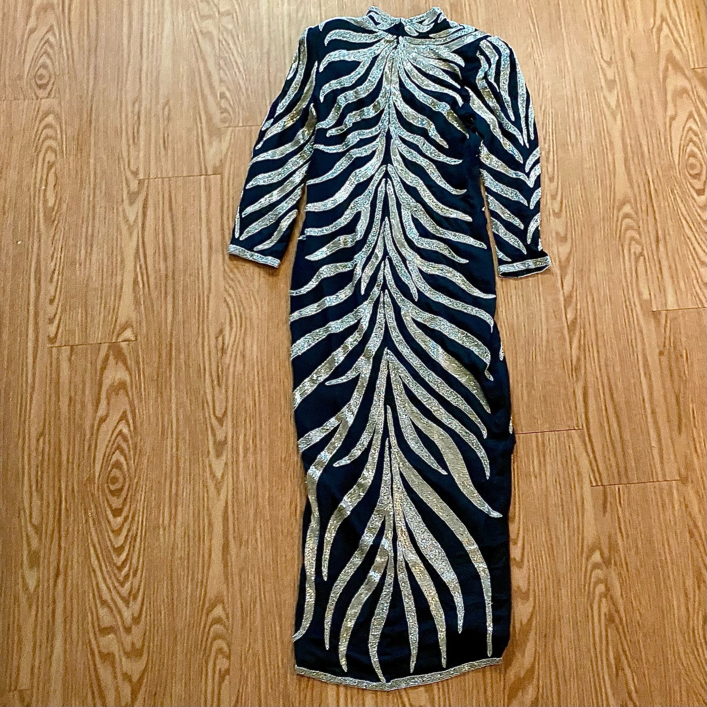 Vintage 1980s Black Beaded Silk Long Maxi Evening Gown Womens Medium
