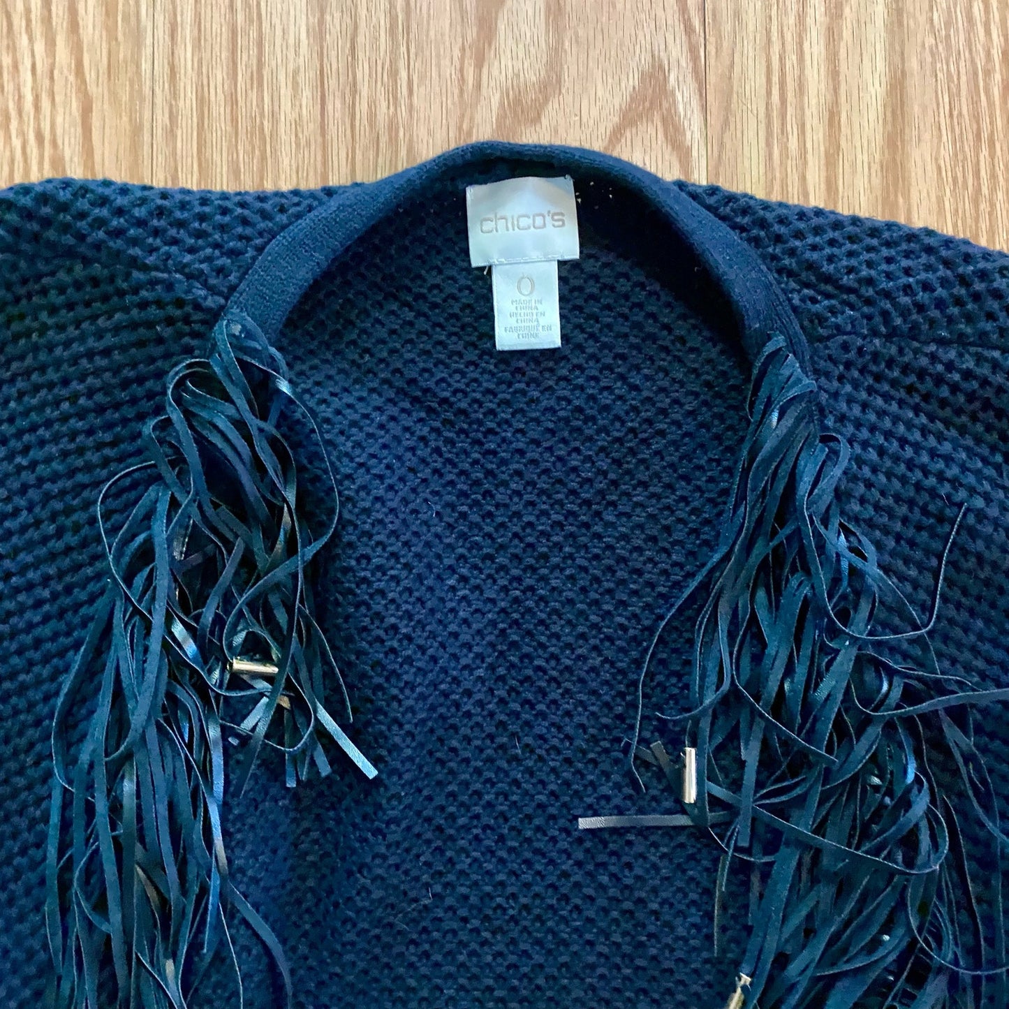 Chicos Black Knit Fringe Leather Cardigan Jacket Womens Small