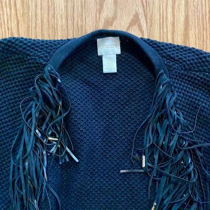 Chicos Black Knit Fringe Leather Cardigan Jacket Womens Small