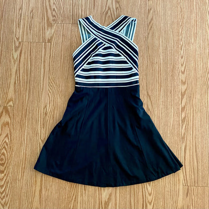 Anthropologie Maeve Black White Crosswise Stripe Fit & Flare Mini Dress Womens 6