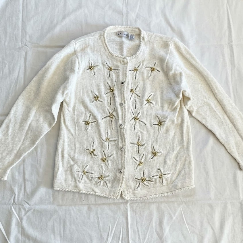 BP Design Vintage Ramie Knit Holly Berry White Sweater Cardigan Womens XLarge