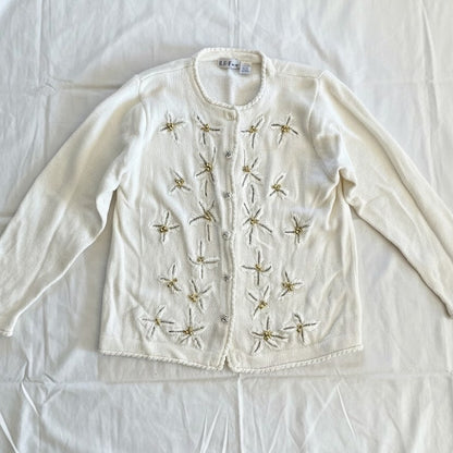 BP Design Vintage Ramie Knit Holly Berry White Sweater Cardigan Womens XLarge