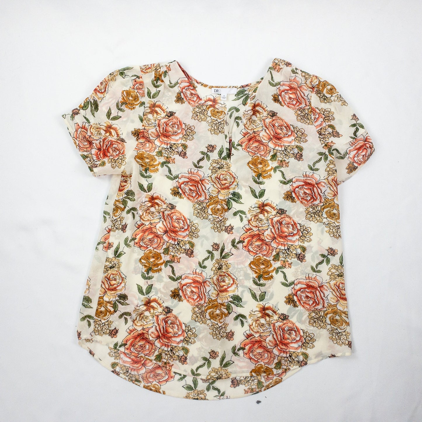 DR2 Floral Rose Beige Pink Sheer Blouse Top Womens Medium