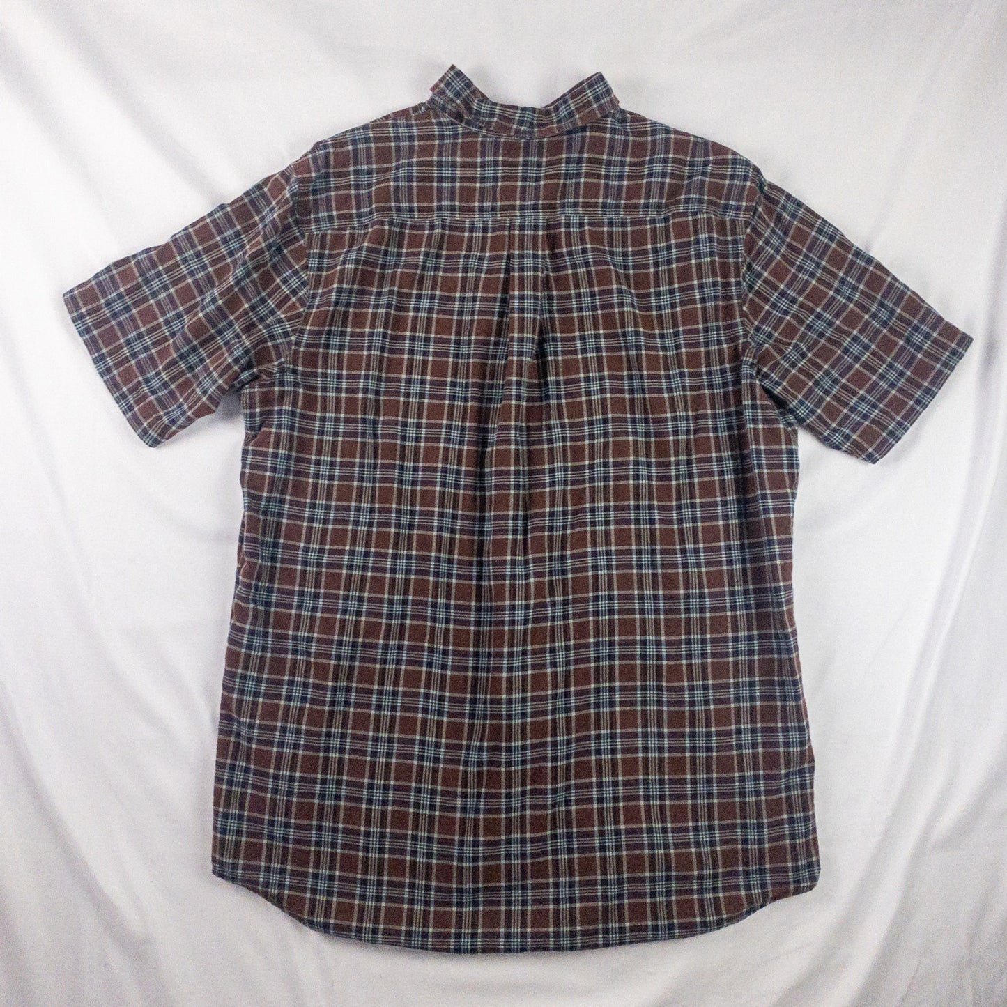 Lands End The Madras Shirt Brown Blue Striped Plaid Mens Large