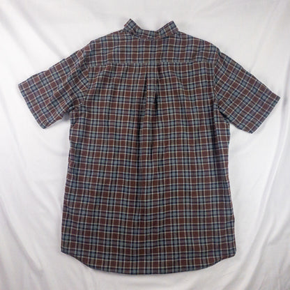 Lands End The Madras Shirt Brown Blue Striped Plaid Mens Large
