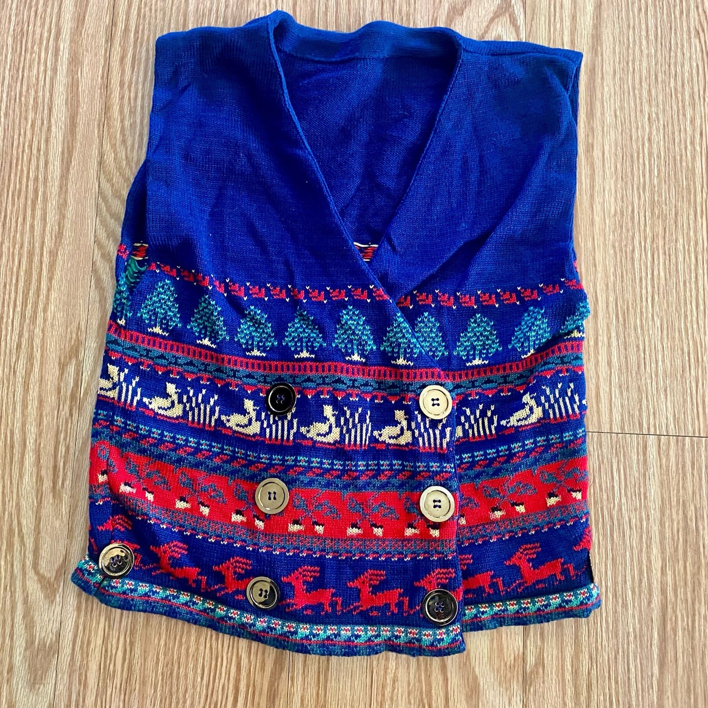 Vintage Blue Knit Cotton Christmas Holiday Sweater Vest Reindeer Womens Medium